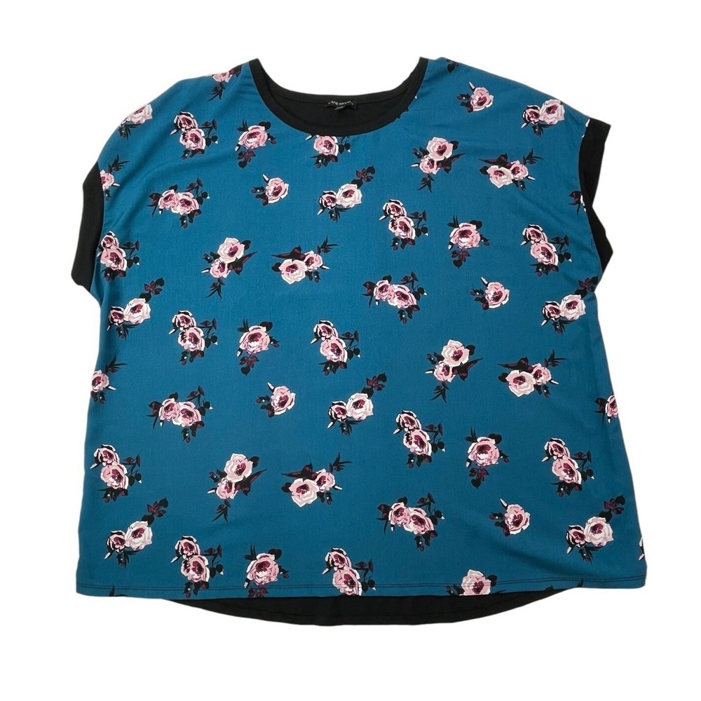 Lane Bryant Womens 26/28 Teal Floral Mixed Media Dolman Short Sleeve Tunic Top‎ - Picture 4 of 16